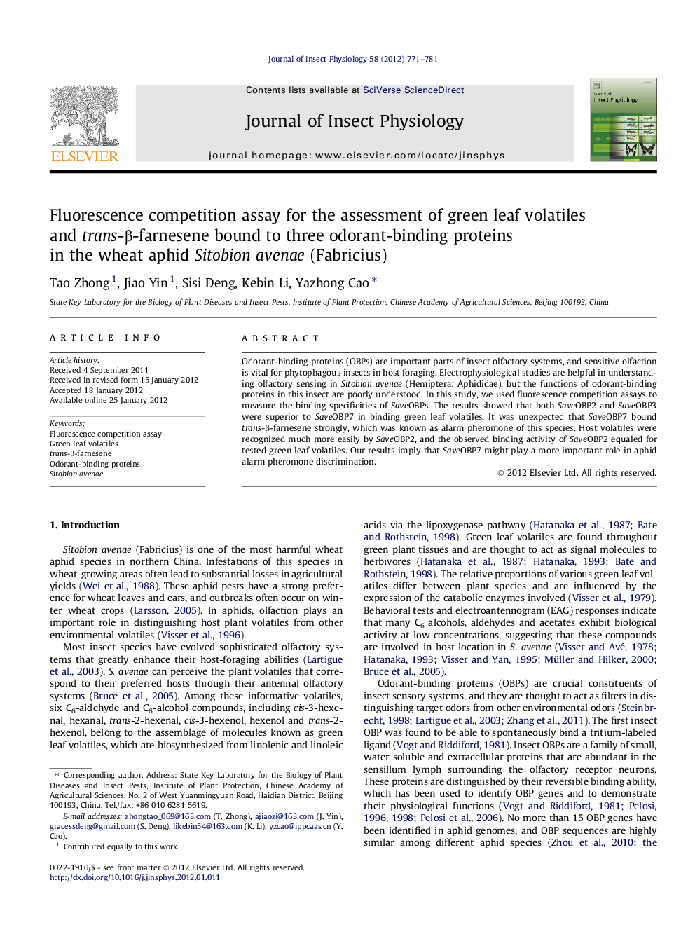 Fluorescence competition assay for the assessment of green leaf volatiles and trans-Î²-farnesene bound to three odorant-binding proteins in the wheat aphid Sitobion avenae (Fabricius)