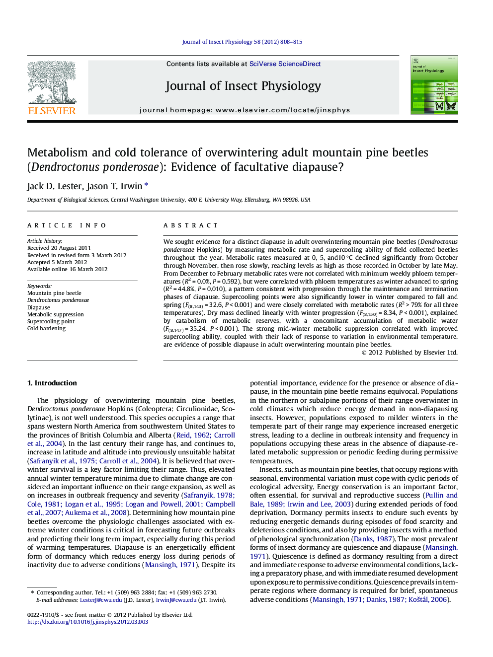 Metabolism and cold tolerance of overwintering adult mountain pine beetles (Dendroctonus ponderosae): Evidence of facultative diapause?