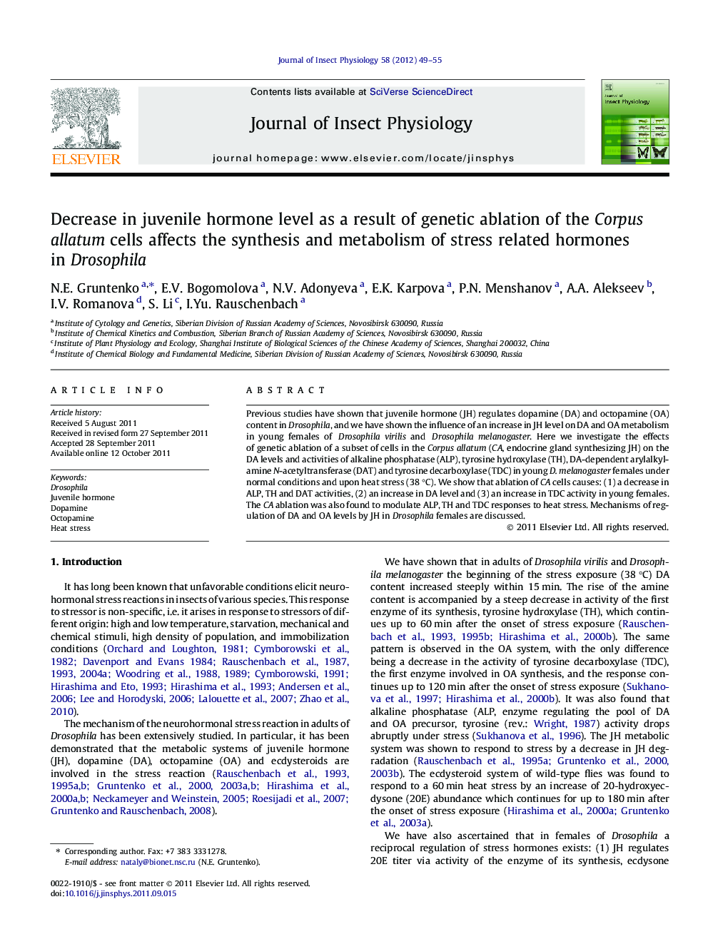 Decrease in juvenile hormone level as a result of genetic ablation of the Corpus allatum cells affects the synthesis and metabolism of stress related hormones in Drosophila