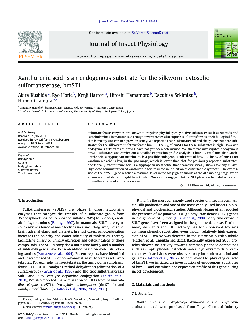 Xanthurenic acid is an endogenous substrate for the silkworm cytosolic sulfotransferase, bmST1