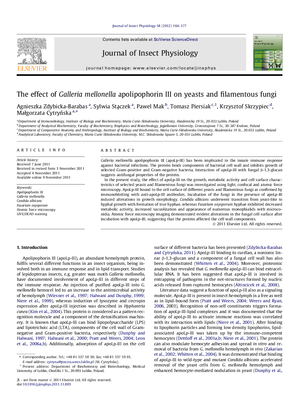 The effect of Galleria mellonella apolipophorin III on yeasts and filamentous fungi