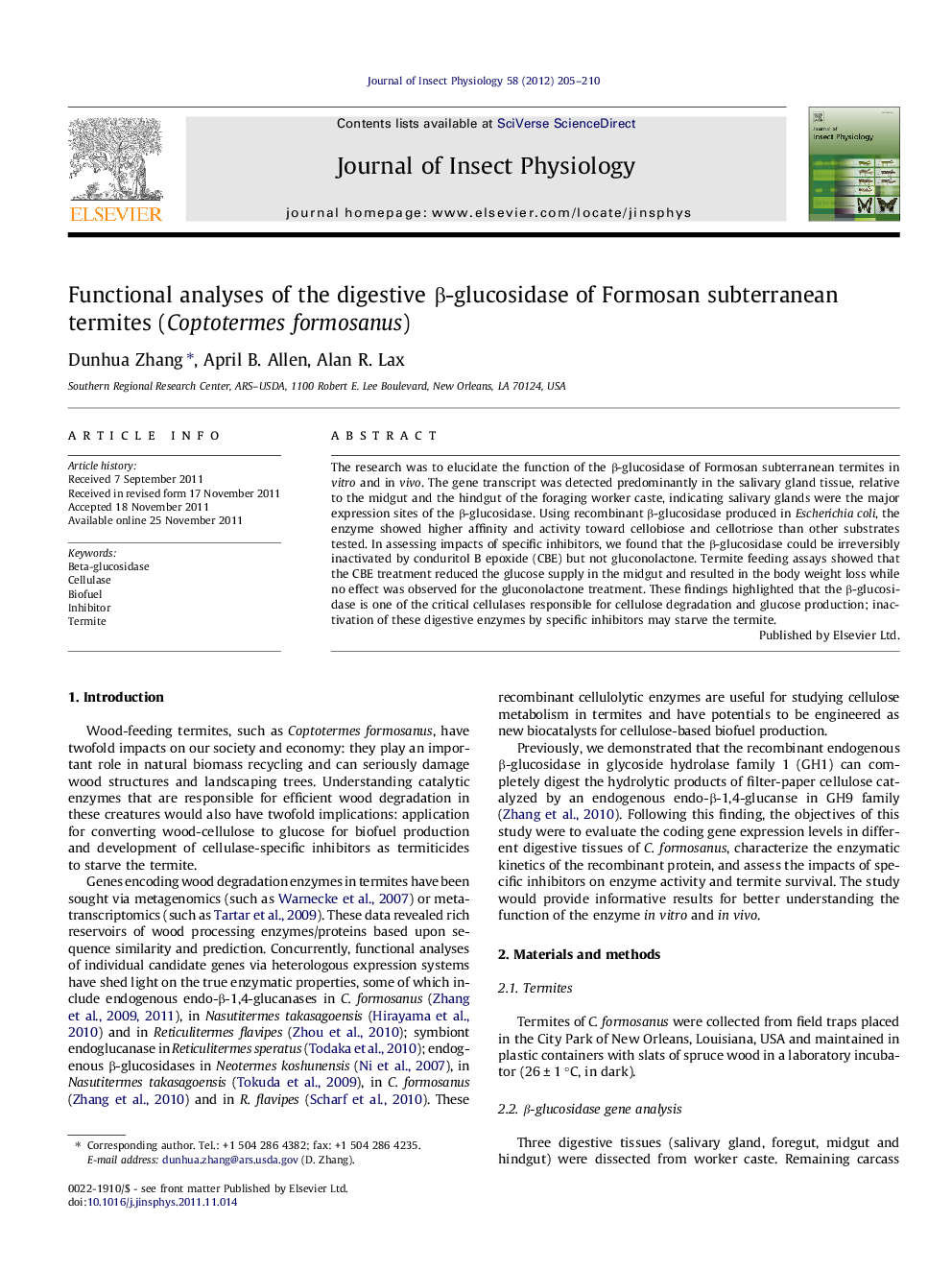 Functional analyses of the digestive Î²-glucosidase of Formosan subterranean termites (Coptotermes formosanus)