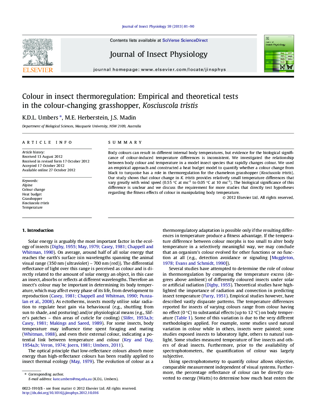 Colour in insect thermoregulation: Empirical and theoretical tests in the colour-changing grasshopper, Kosciuscola tristis