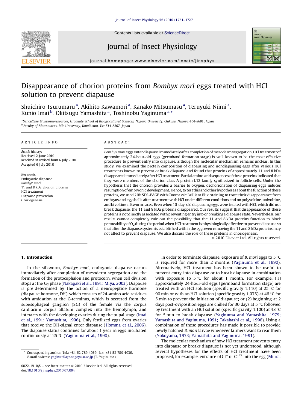 Disappearance of chorion proteins from Bombyx mori eggs treated with HCl solution to prevent diapause