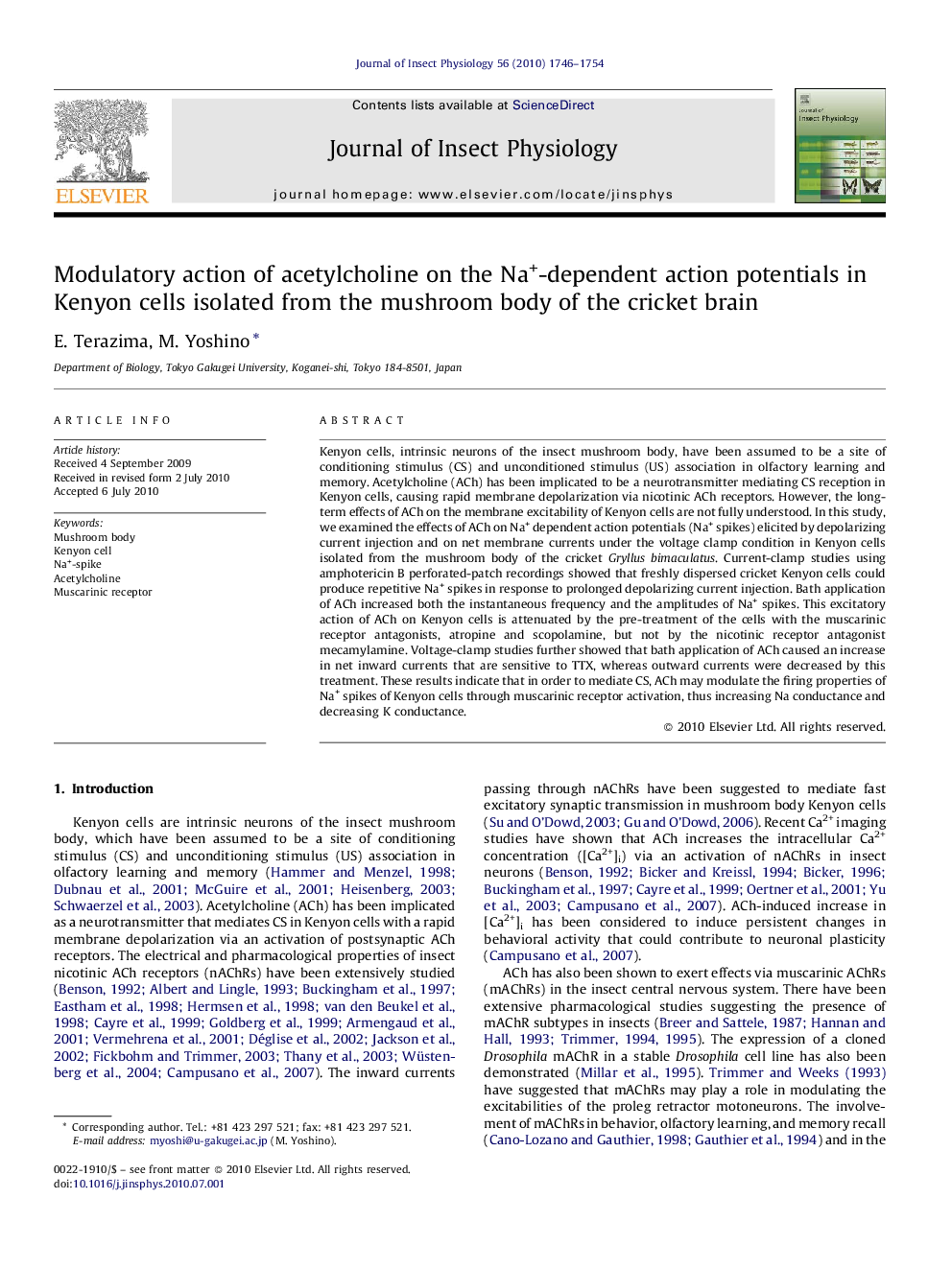 Modulatory action of acetylcholine on the Na+-dependent action potentials in Kenyon cells isolated from the mushroom body of the cricket brain