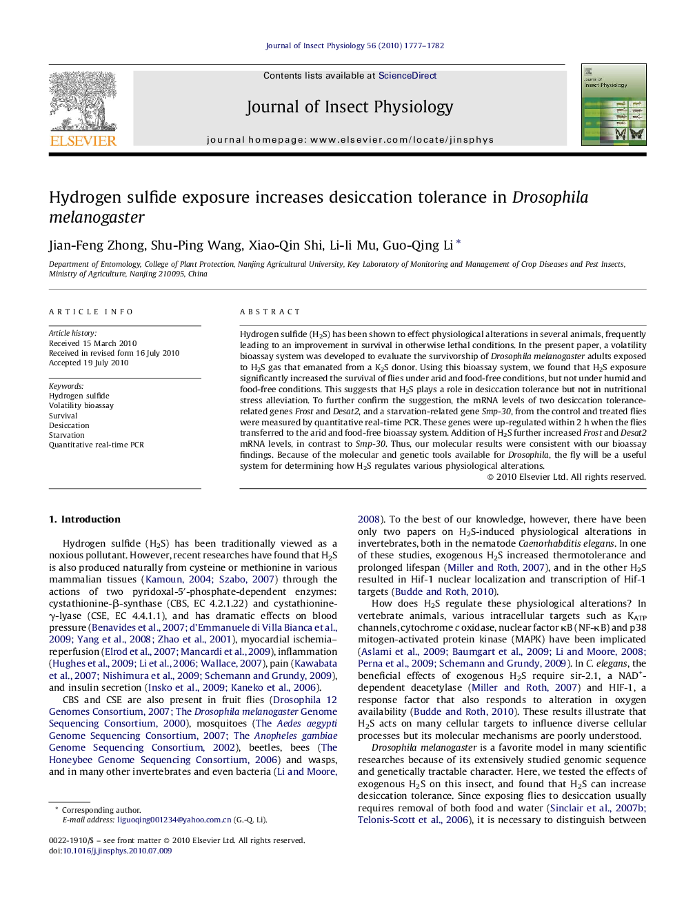 Hydrogen sulfide exposure increases desiccation tolerance in Drosophila melanogaster