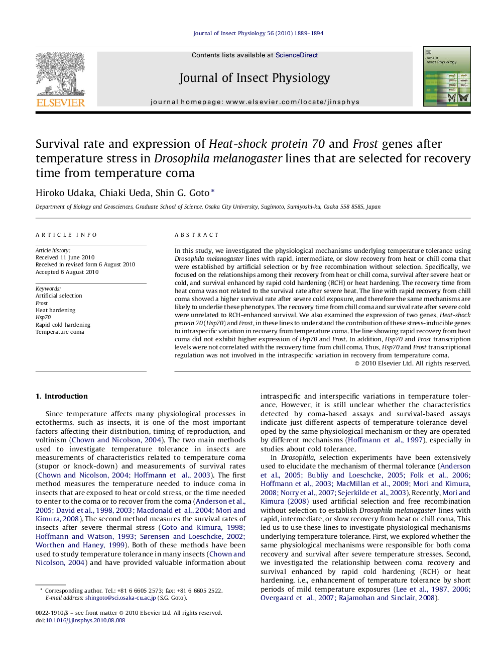 Survival rate and expression of Heat-shock protein 70 and Frost genes after temperature stress in Drosophila melanogaster lines that are selected for recovery time from temperature coma