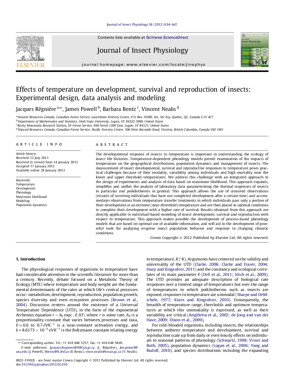 Effects of temperature on development, survival and reproduction of insects: Experimental design, data analysis and modeling