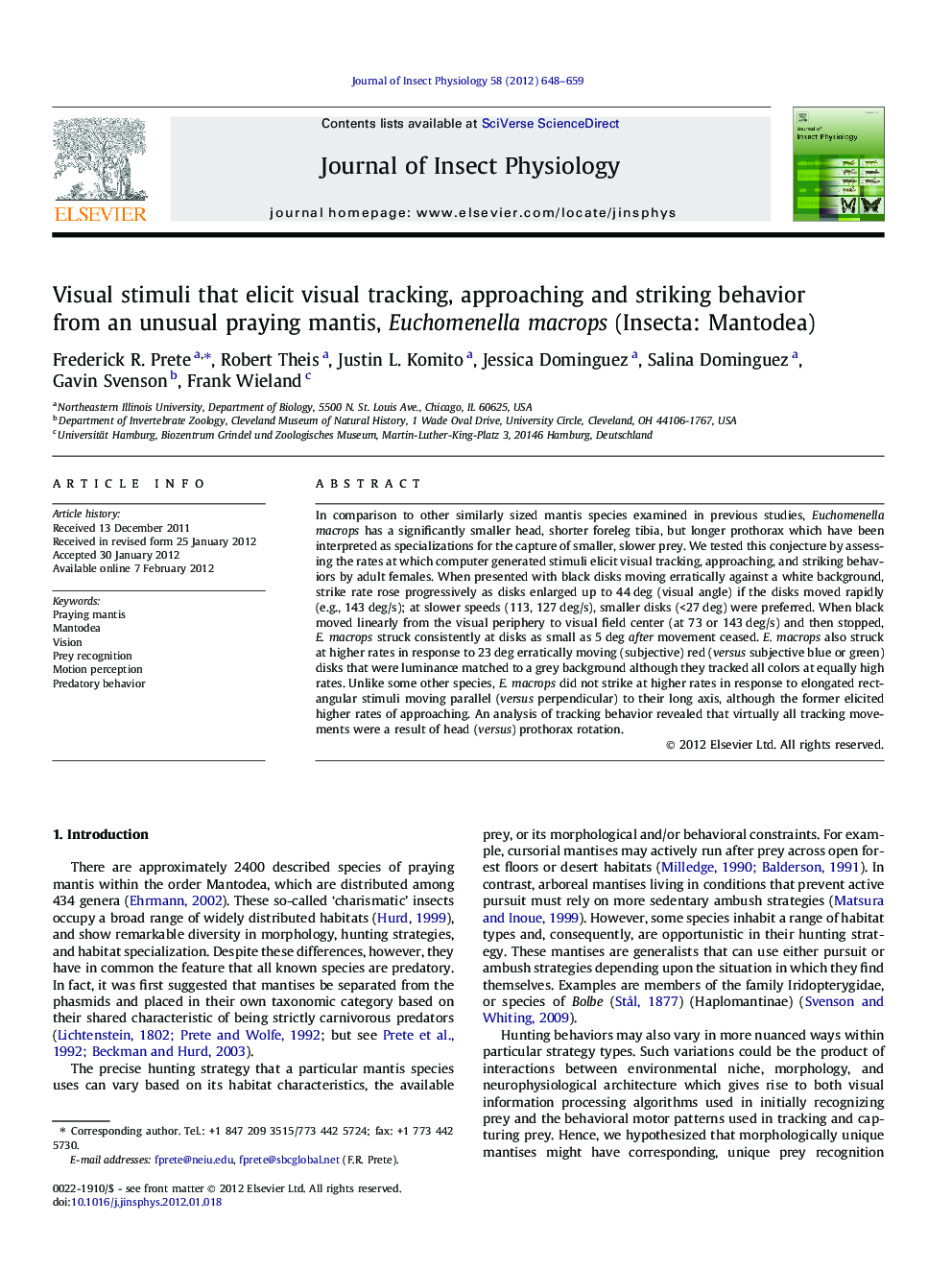 Visual stimuli that elicit visual tracking, approaching and striking behavior from an unusual praying mantis, Euchomenella macrops (Insecta: Mantodea)