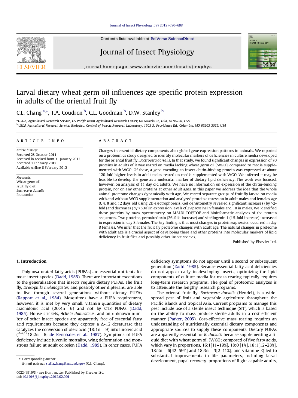 Larval dietary wheat germ oil influences age-specific protein expression in adults of the oriental fruit fly