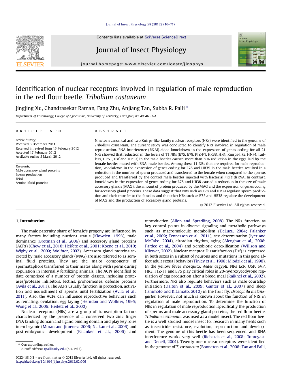 Identification of nuclear receptors involved in regulation of male reproduction in the red flour beetle, Tribolium castaneum