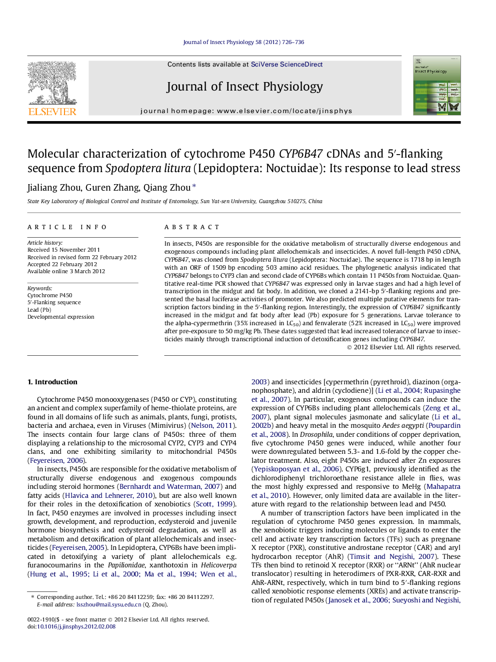 Molecular characterization of cytochrome P450 CYP6B47 cDNAs and 5â²-flanking sequence from Spodoptera litura (Lepidoptera: Noctuidae): Its response to lead stress