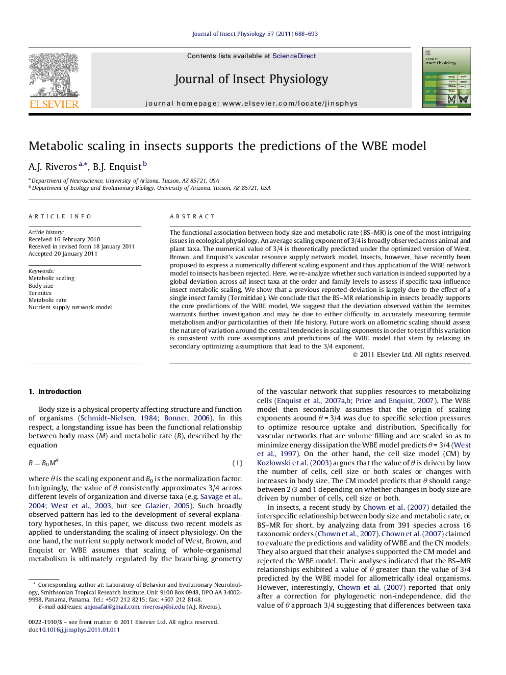 Metabolic scaling in insects supports the predictions of the WBE model