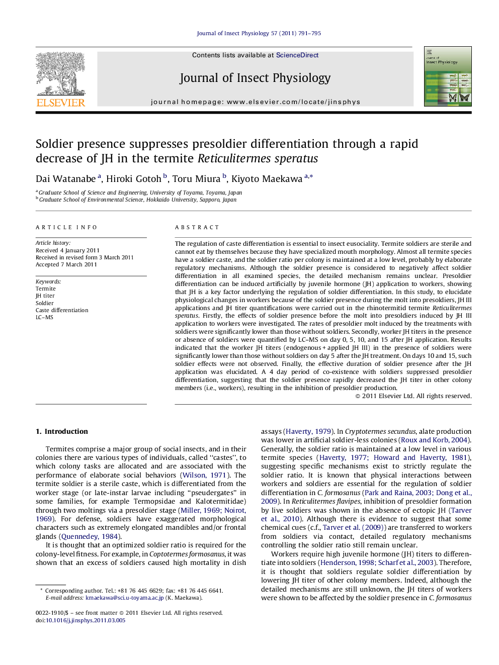 Soldier presence suppresses presoldier differentiation through a rapid decrease of JH in the termite Reticulitermes speratus