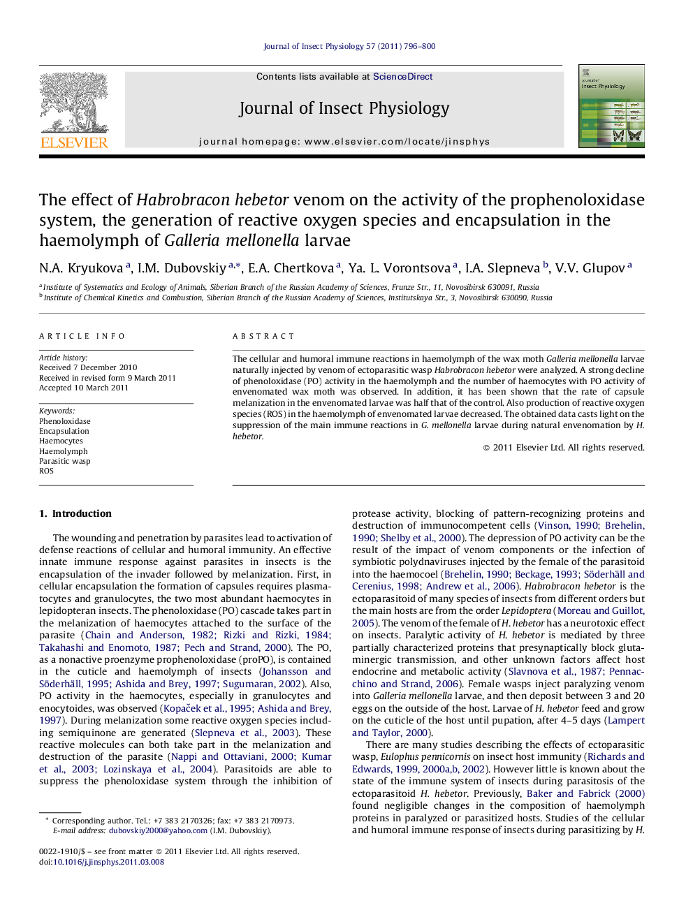 The effect of Habrobracon hebetor venom on the activity of the prophenoloxidase system, the generation of reactive oxygen species and encapsulation in the haemolymph of Galleria mellonella larvae