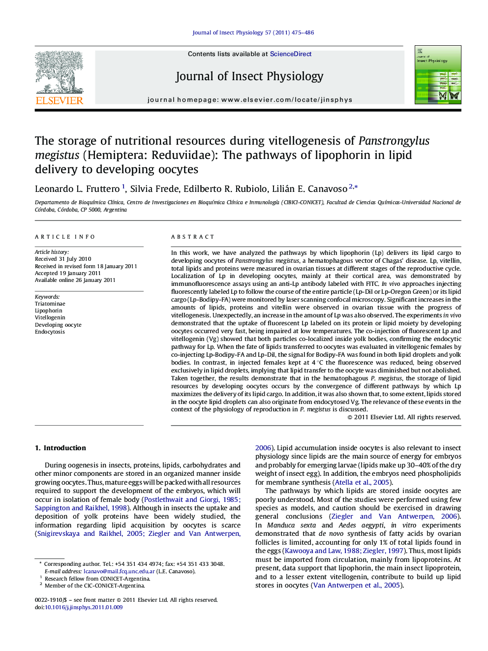 The storage of nutritional resources during vitellogenesis of Panstrongylus megistus (Hemiptera: Reduviidae): The pathways of lipophorin in lipid delivery to developing oocytes