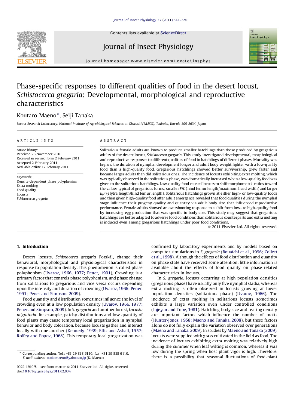 Phase-specific responses to different qualities of food in the desert locust, Schistocerca gregaria: Developmental, morphological and reproductive characteristics