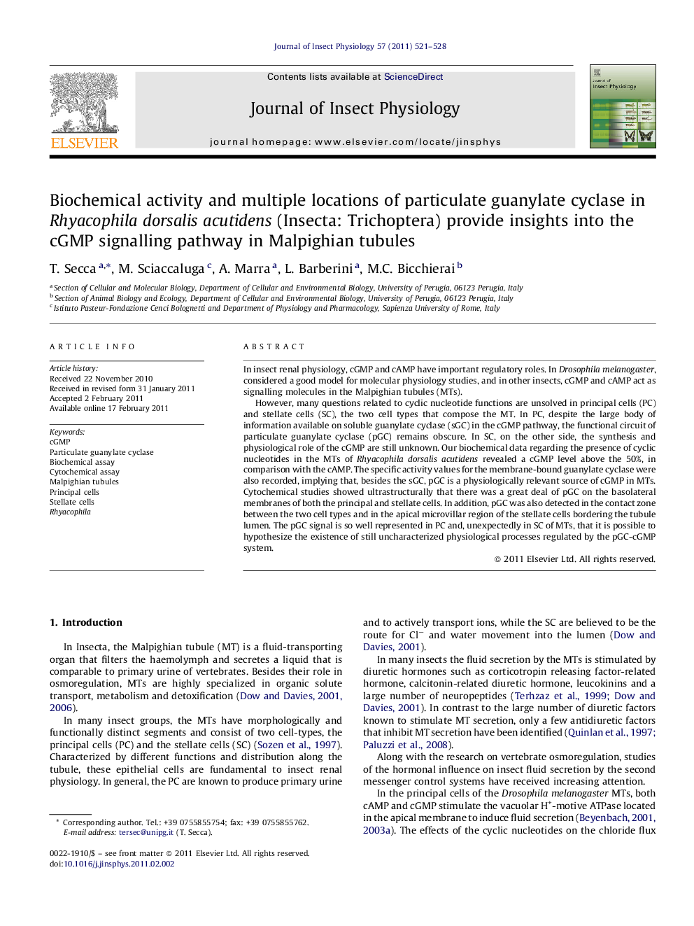 Biochemical activity and multiple locations of particulate guanylate cyclase in Rhyacophila dorsalis acutidens (Insecta: Trichoptera) provide insights into the cGMP signalling pathway in Malpighian tubules