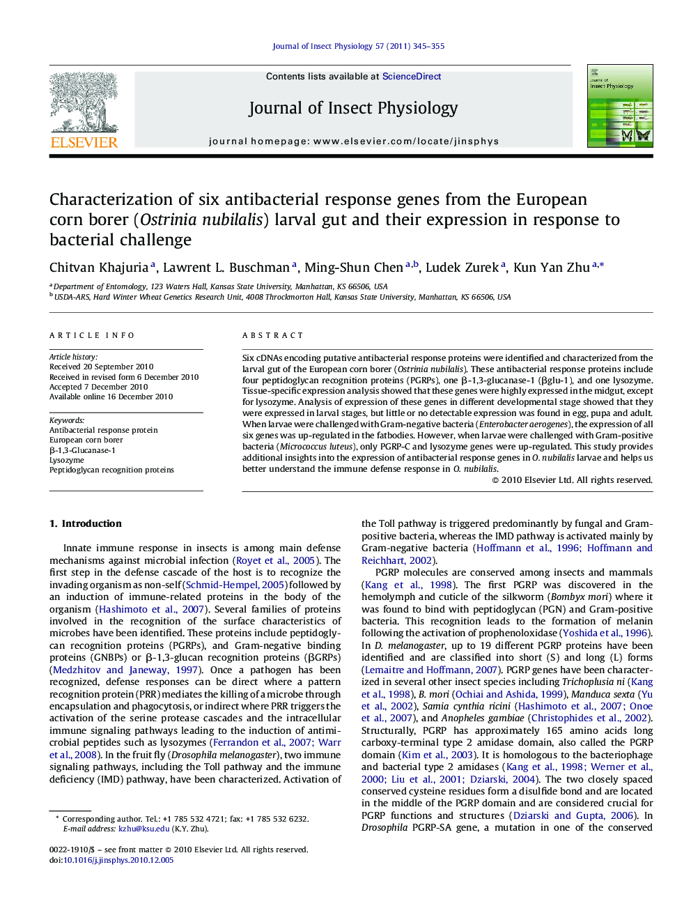 Characterization of six antibacterial response genes from the European corn borer (Ostrinia nubilalis) larval gut and their expression in response to bacterial challenge