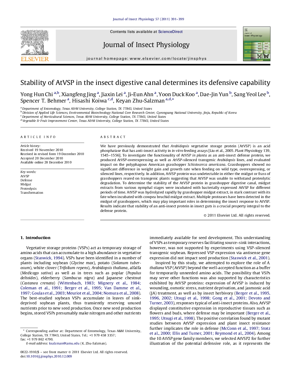 Stability of AtVSP in the insect digestive canal determines its defensive capability