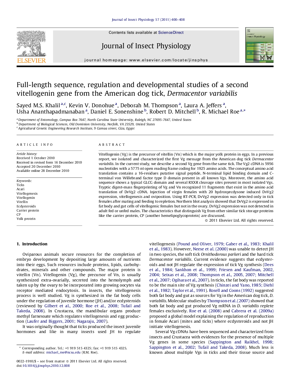 Full-length sequence, regulation and developmental studies of a second vitellogenin gene from the American dog tick, Dermacentor variabilis