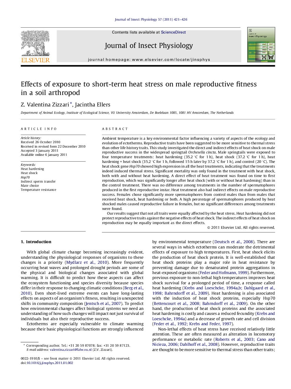 Effects of exposure to short-term heat stress on male reproductive fitness in a soil arthropod