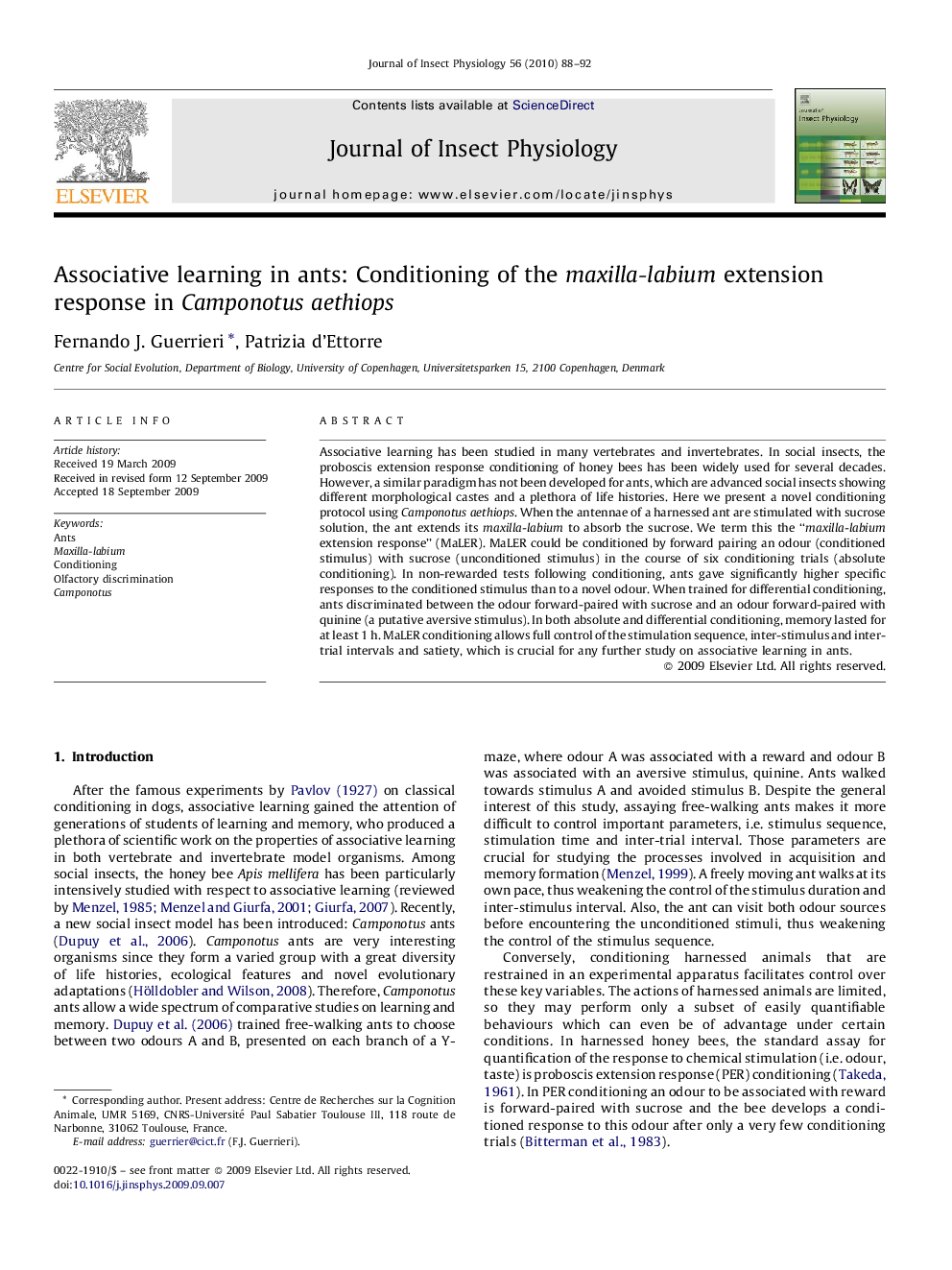 Associative learning in ants: Conditioning of the maxilla-labium extension response in Camponotus aethiops