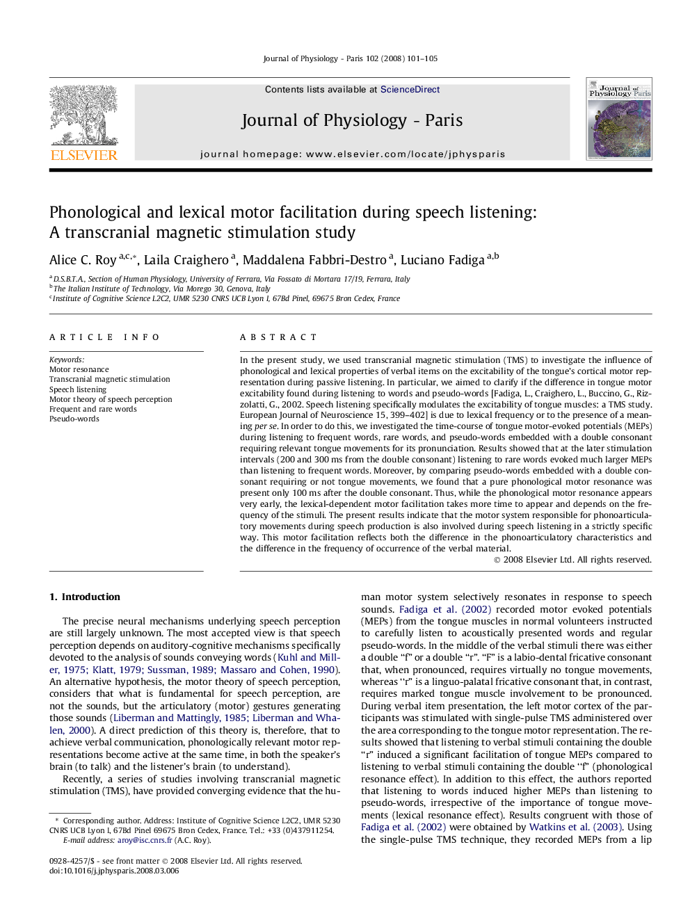 Phonological and lexical motor facilitation during speech listening: A transcranial magnetic stimulation study