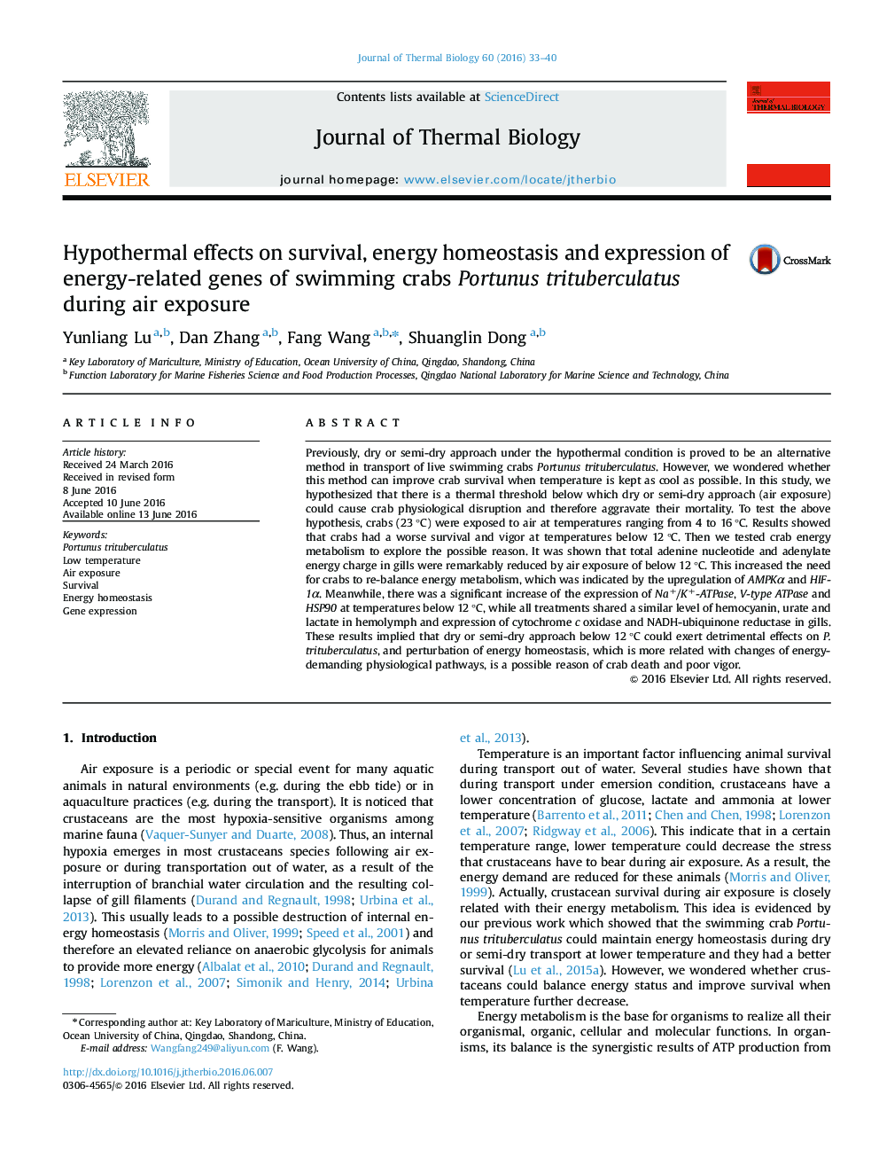 Hypothermal effects on survival, energy homeostasis and expression of energy-related genes of swimming crabs Portunus trituberculatus during air exposure