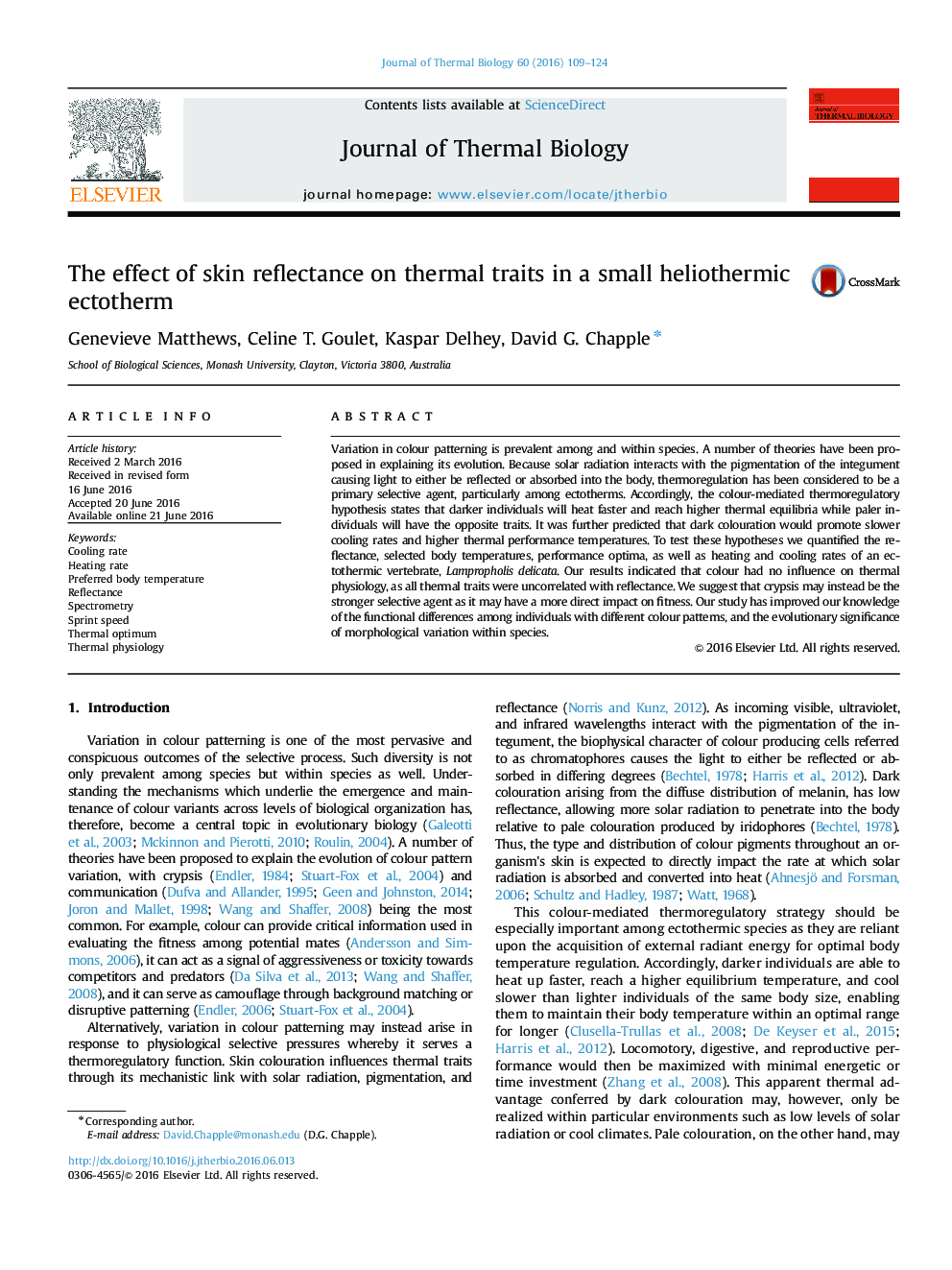 The effect of skin reflectance on thermal traits in a small heliothermic ectotherm