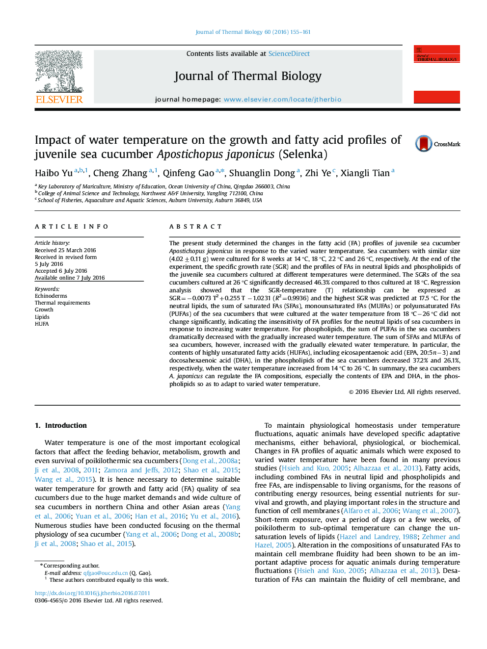 Impact of water temperature on the growth and fatty acid profiles of juvenile sea cucumber Apostichopus japonicus (Selenka)