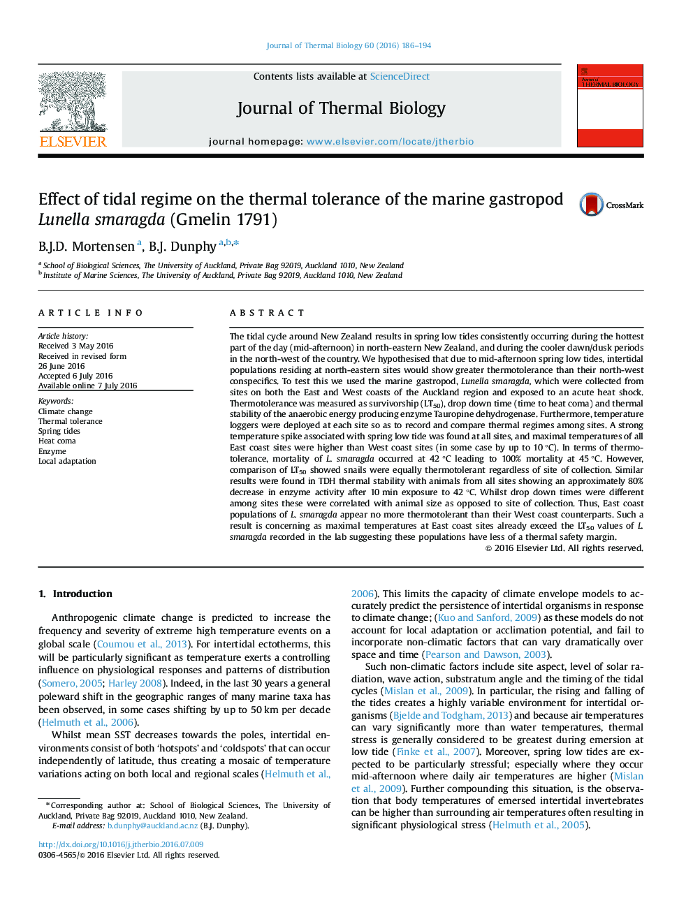 Effect of tidal regime on the thermal tolerance of the marine gastropod Lunella smaragda (Gmelin 1791)