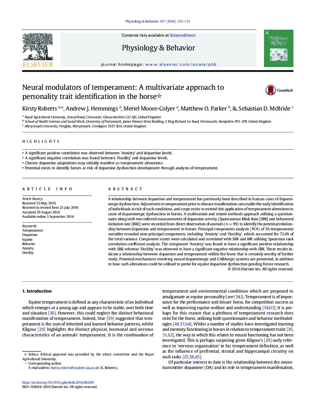 Neural modulators of temperament: A multivariate approach to personality trait identification in the horse