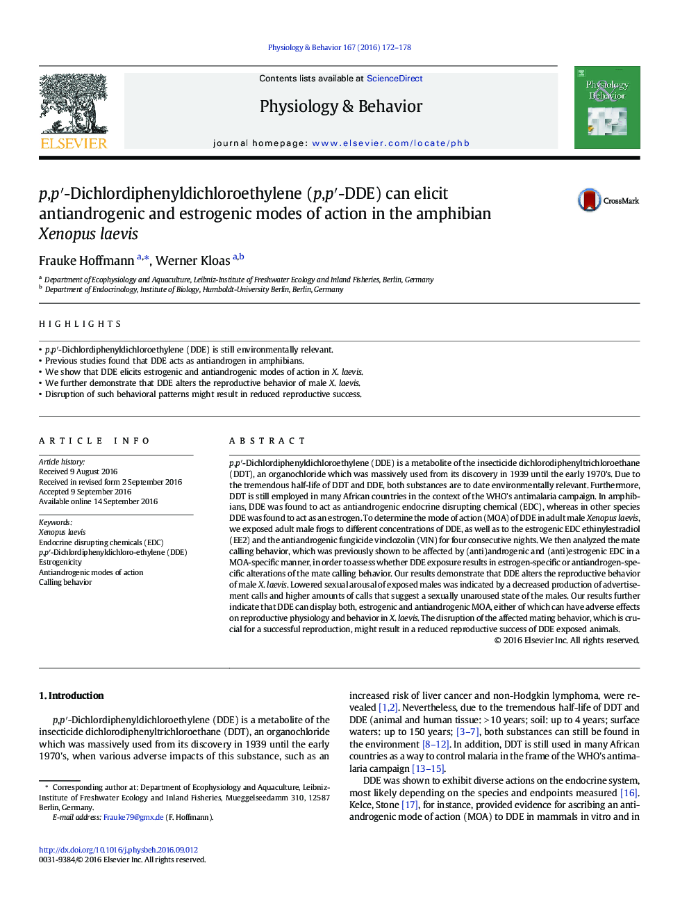 p,pâ²-Dichlordiphenyldichloroethylene (p,pâ²-DDE) can elicit antiandrogenic and estrogenic modes of action in the amphibian Xenopus laevis