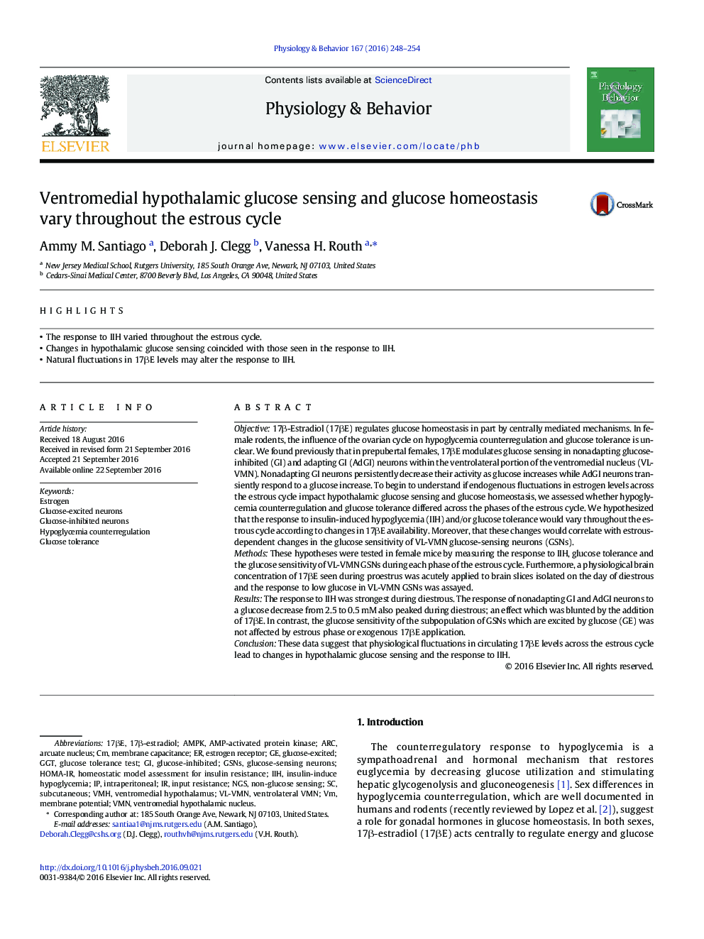 Ventromedial hypothalamic glucose sensing and glucose homeostasis vary throughout the estrous cycle