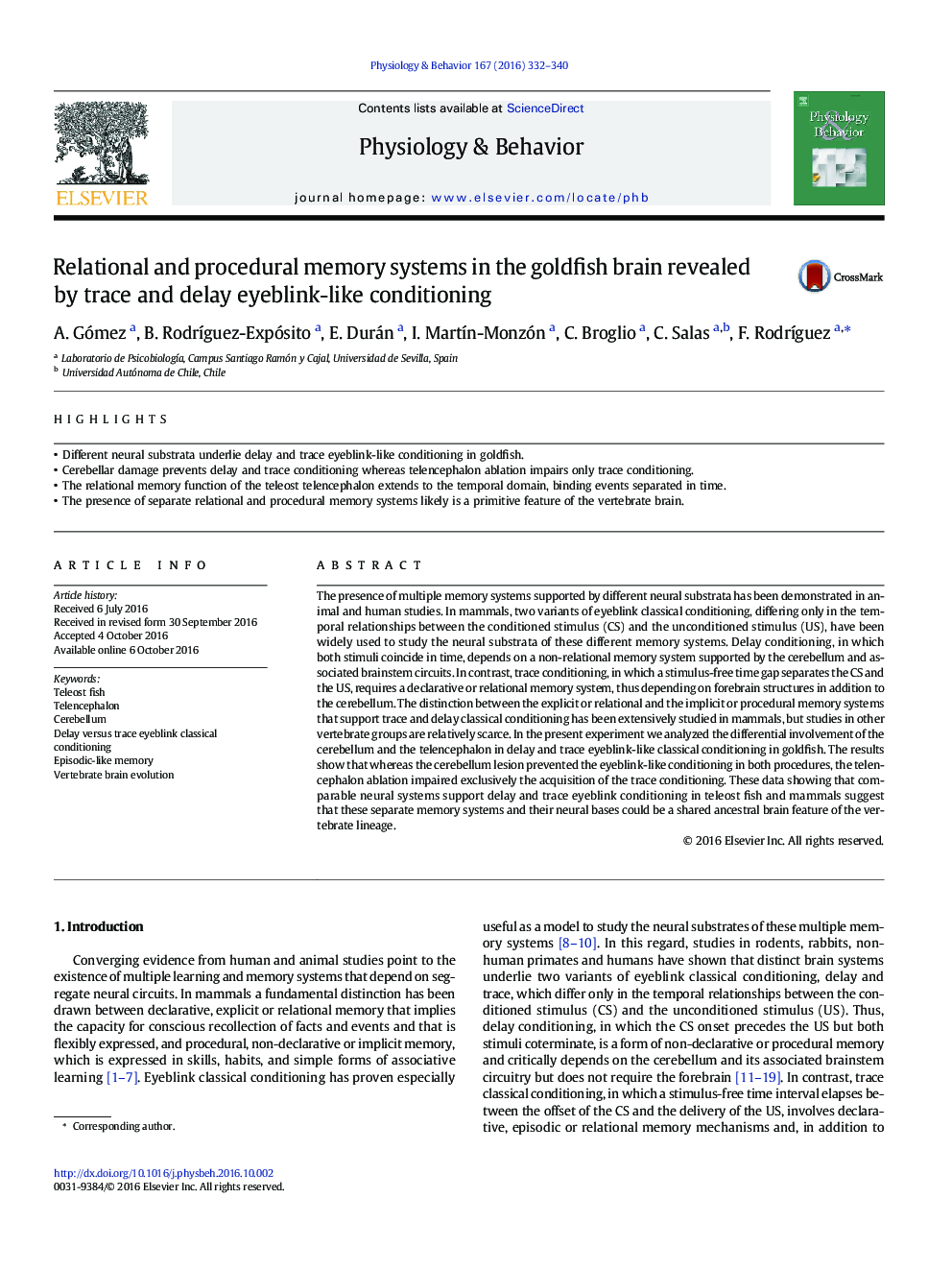 Relational and procedural memory systems in the goldfish brain revealed by trace and delay eyeblink-like conditioning