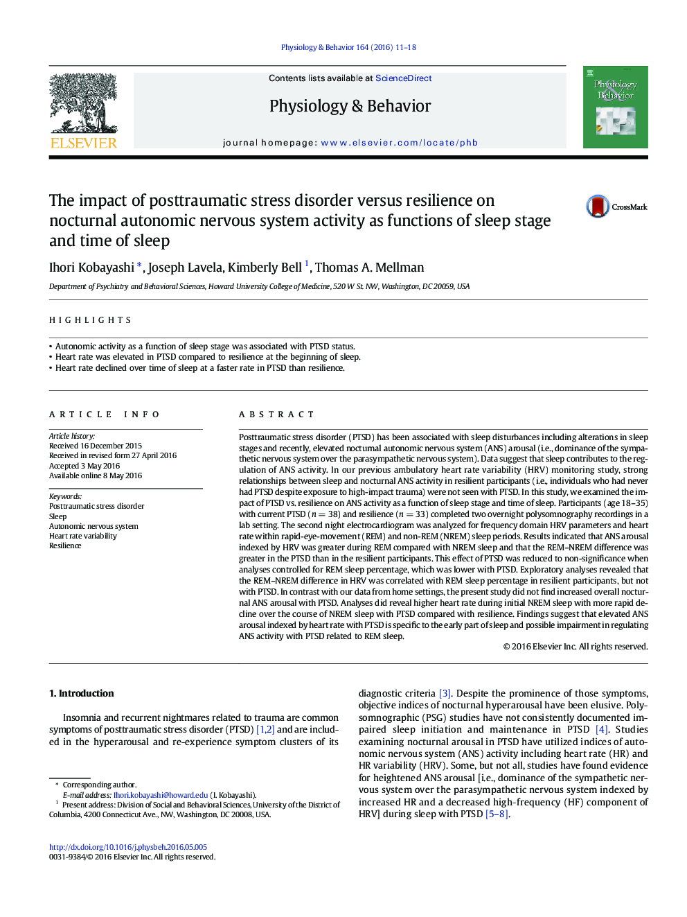 The impact of posttraumatic stress disorder versus resilience on nocturnal autonomic nervous system activity as functions of sleep stage and time of sleep