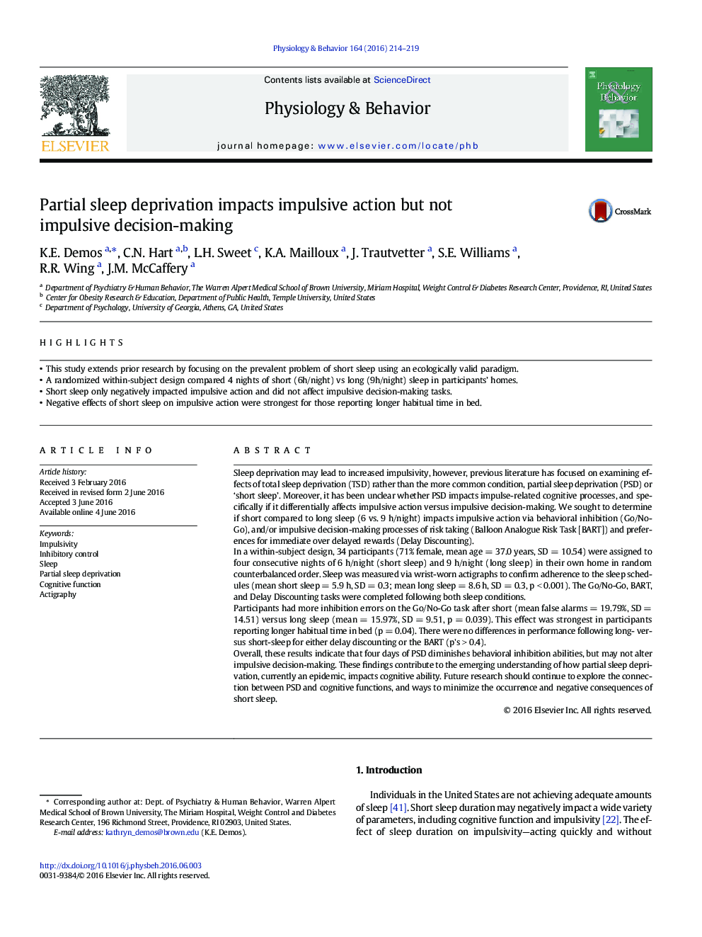 Partial sleep deprivation impacts impulsive action but not impulsive decision-making