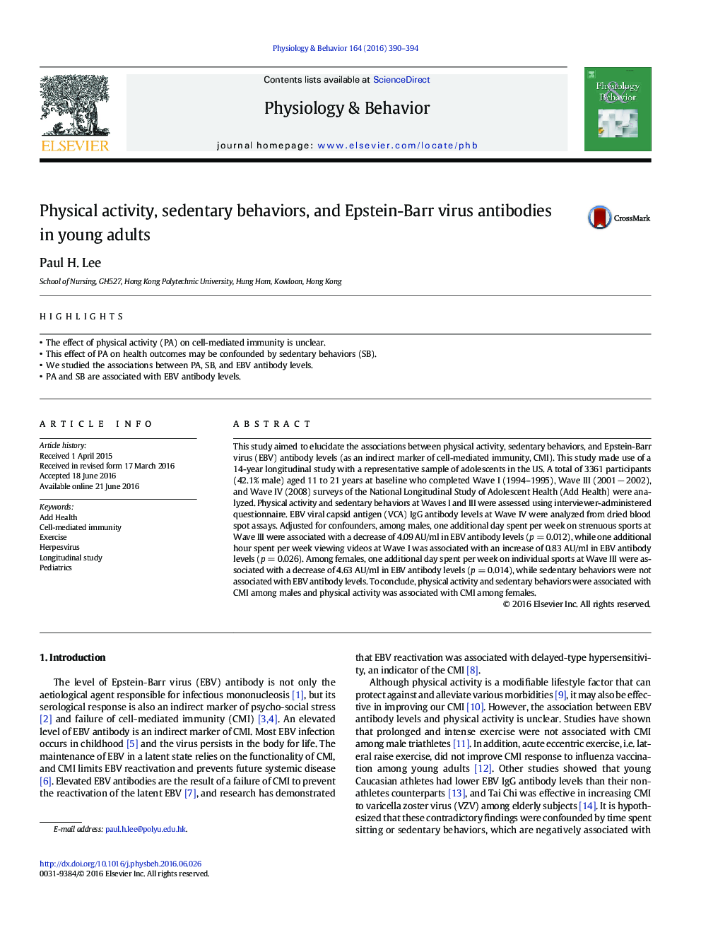 Physical activity, sedentary behaviors, and Epstein-Barr virus antibodies in young adults