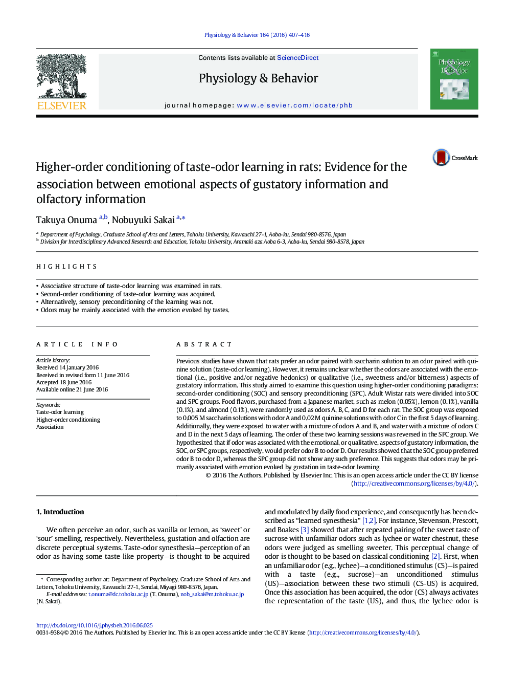 Higher-order conditioning of taste-odor learning in rats: Evidence for the association between emotional aspects of gustatory information and olfactory information