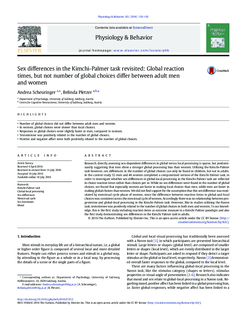 Sex differences in the Kimchi-Palmer task revisited: Global reaction times, but not number of global choices differ between adult men and women