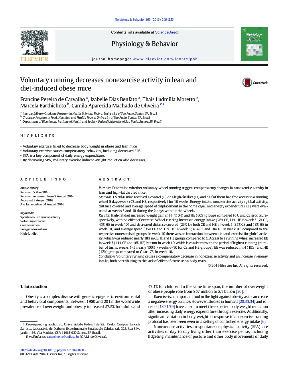 Voluntary running decreases nonexercise activity in lean and diet-induced obese mice