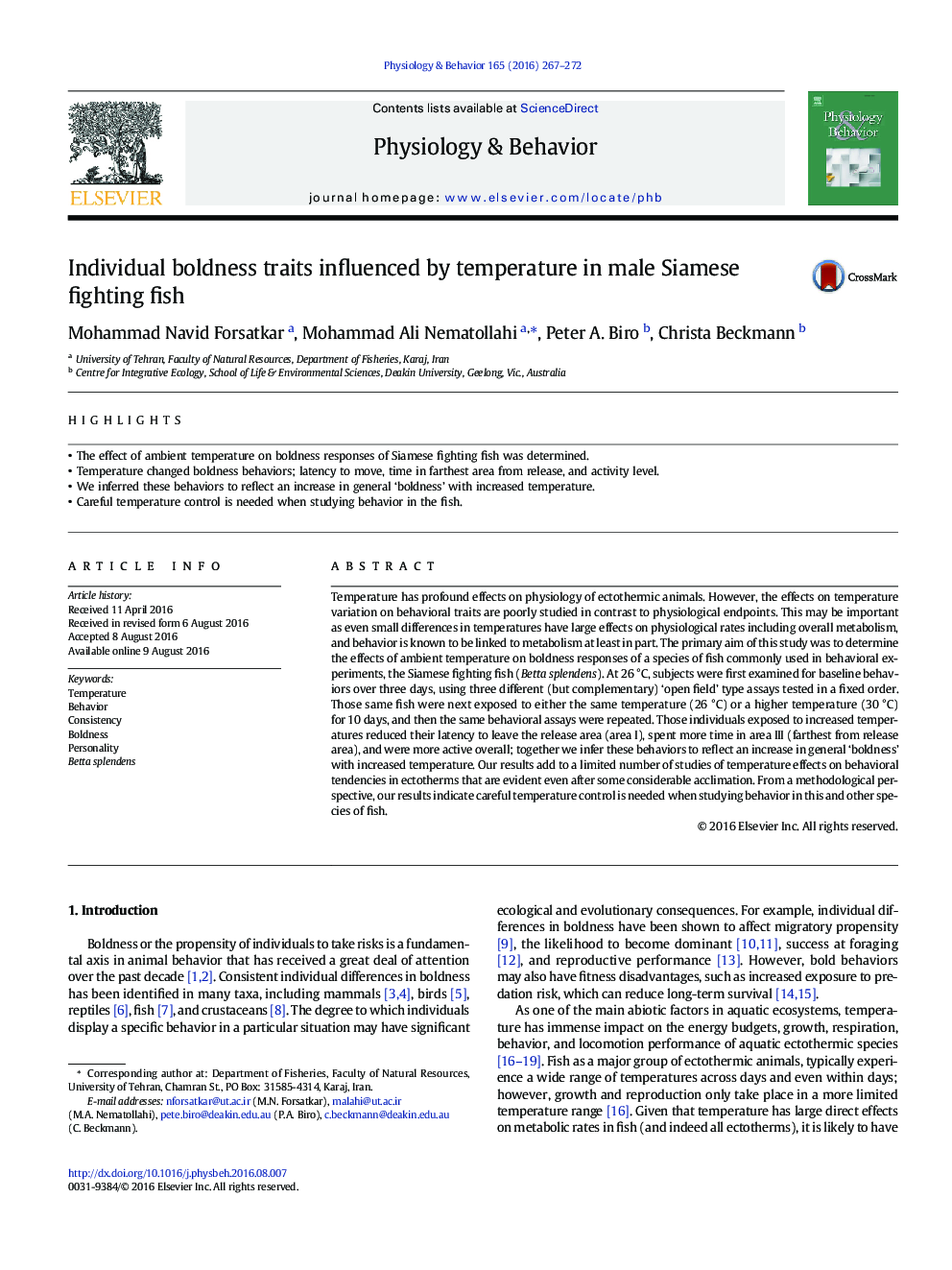 Individual boldness traits influenced by temperature in male Siamese fighting fish