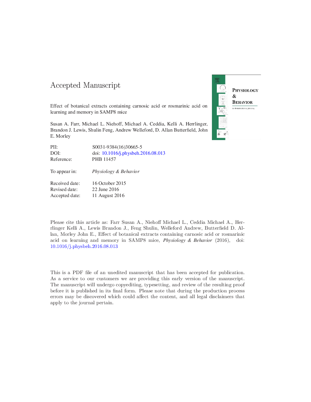 Effect of botanical extracts containing carnosic acid or rosmarinic acid on learning and memory in SAMP8 mice