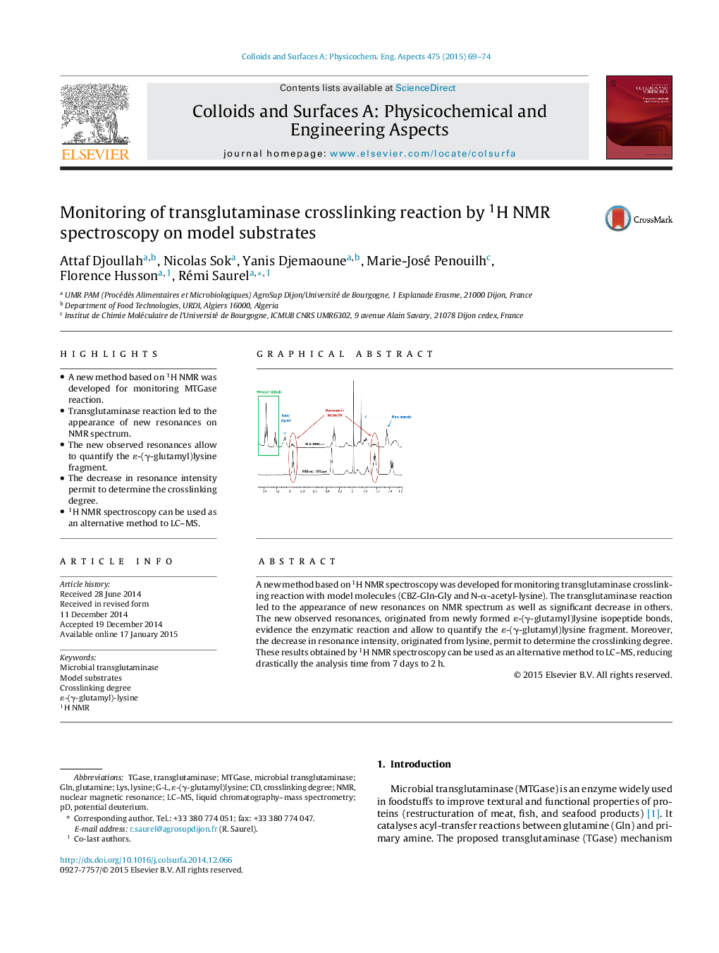 Monitoring of transglutaminase crosslinking reaction by 1H NMR spectroscopy on model substrates