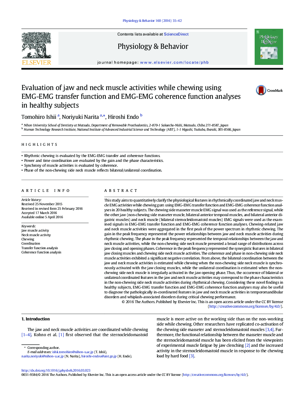 Evaluation of jaw and neck muscle activities while chewing using EMG-EMG transfer function and EMG-EMG coherence function analyses in healthy subjects