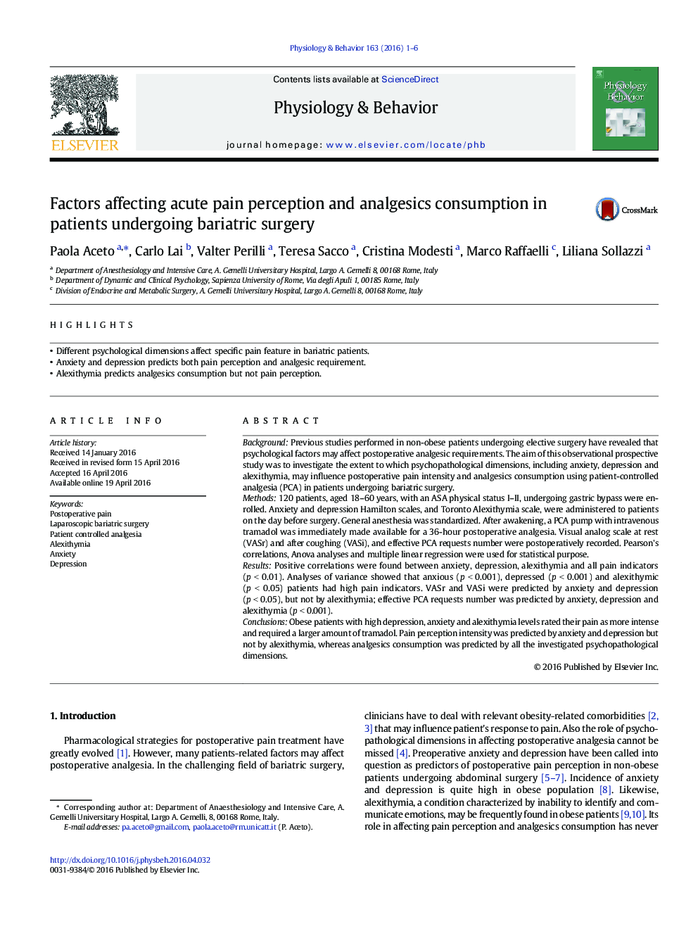 Factors affecting acute pain perception and analgesics consumption in patients undergoing bariatric surgery