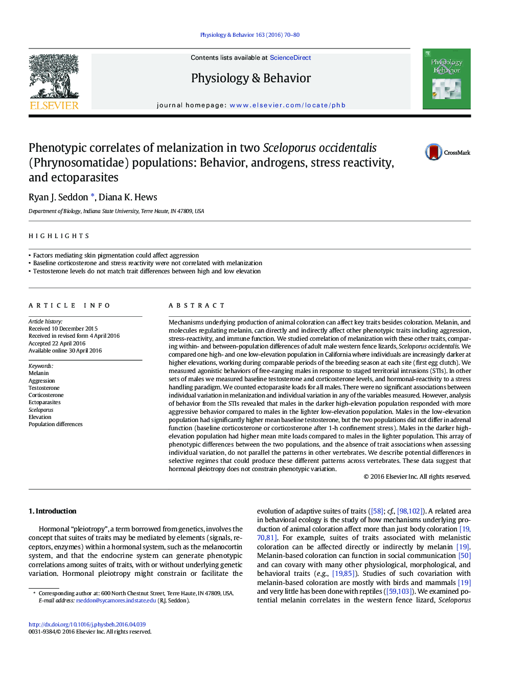 Phenotypic correlates of melanization in two Sceloporus occidentalis (Phrynosomatidae) populations: Behavior, androgens, stress reactivity, and ectoparasites