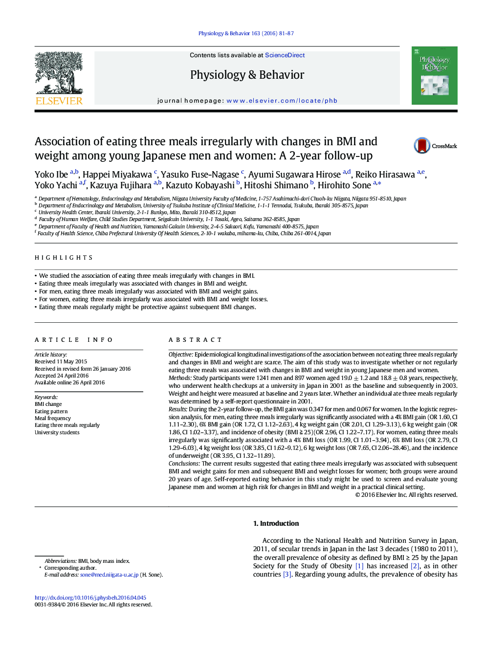 Association of eating three meals irregularly with changes in BMI and weight among young Japanese men and women: A 2-year follow-up