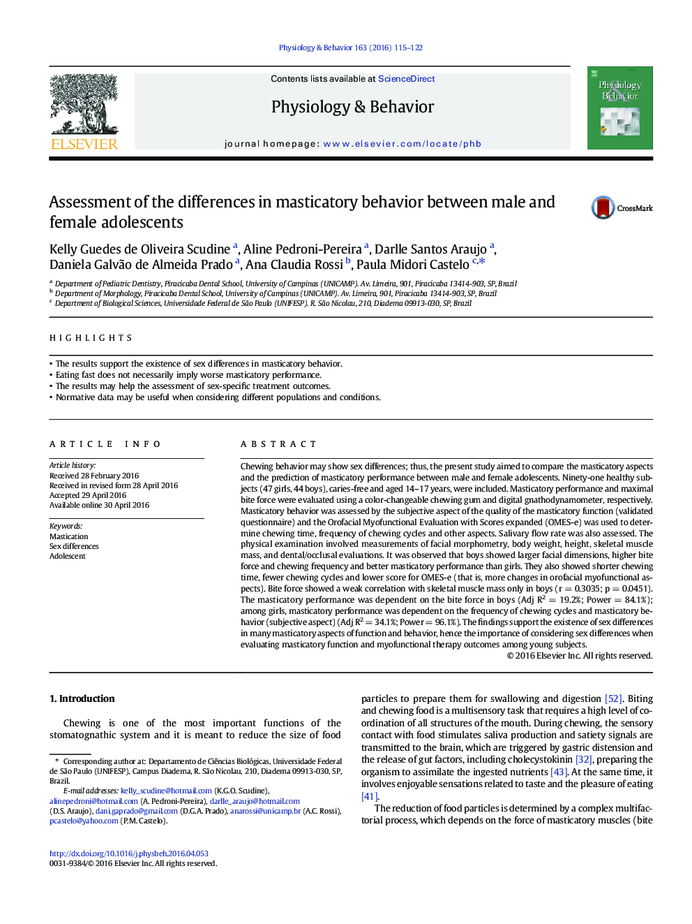 Assessment of the differences in masticatory behavior between male and female adolescents